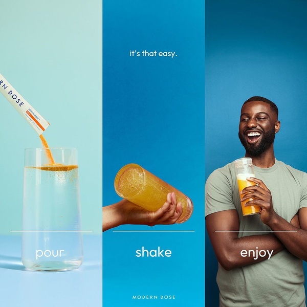 This ad creative utilizes a simple three-panel visual layout to demonstrate the effortless process of preparing and consuming a nutritional drink.